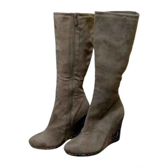 METAPHOR "MIRIAM" FAUX SUEDE & SNAKESKIN WEDGE HEELED KNEE HIGH BOOTS - SIZE 7.5 - Picture 1 of 12